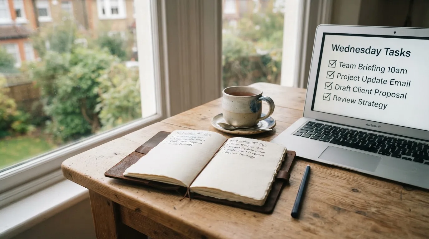 A tidy desk with a notebook, a mug of tea and a laptop open to a checklist, morning light through a window.