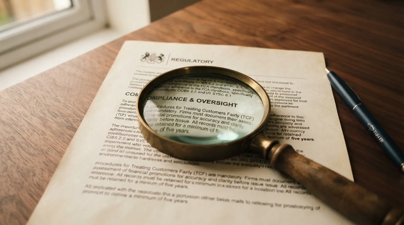 A magnifying glass rests over a printed regulatory certificate on a wooden desk.
