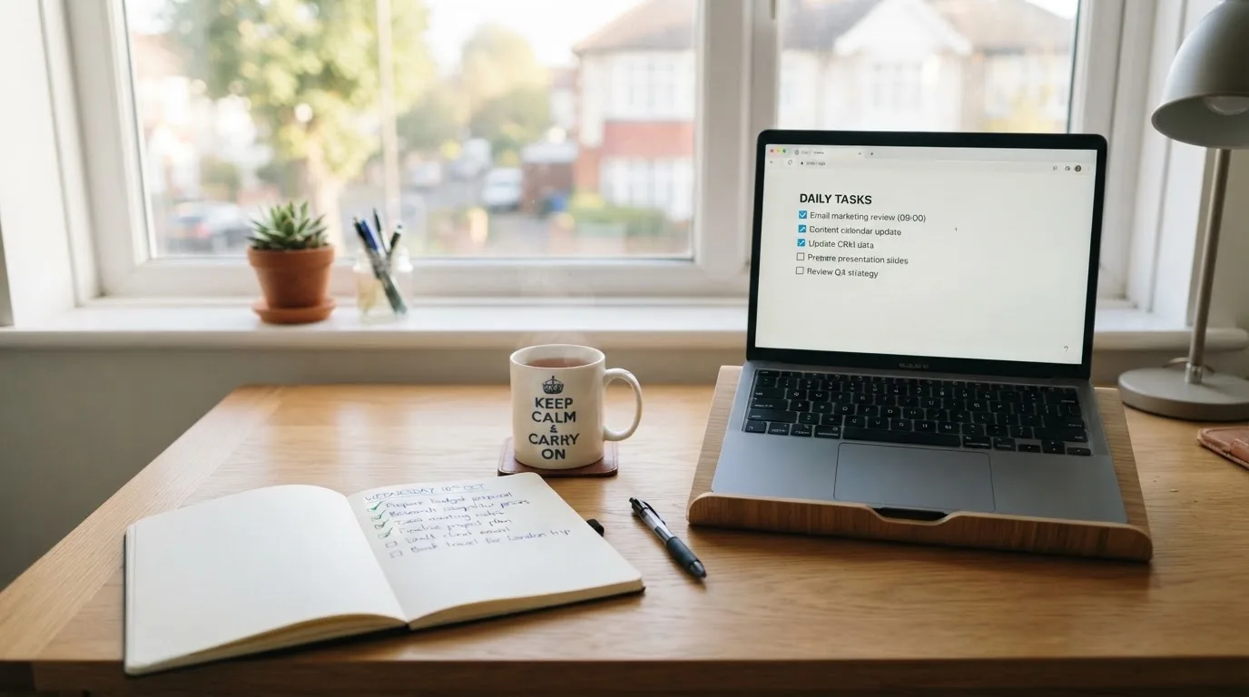 A tidy desk with a notebook, a mug of tea and a laptop open to a checklist, morning light through a window.