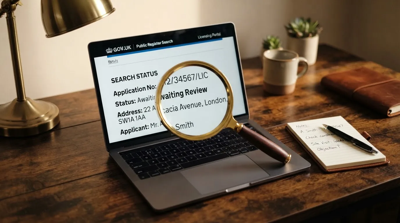 A magnifying glass rests over a printed regulatory certificate on a wooden desk.