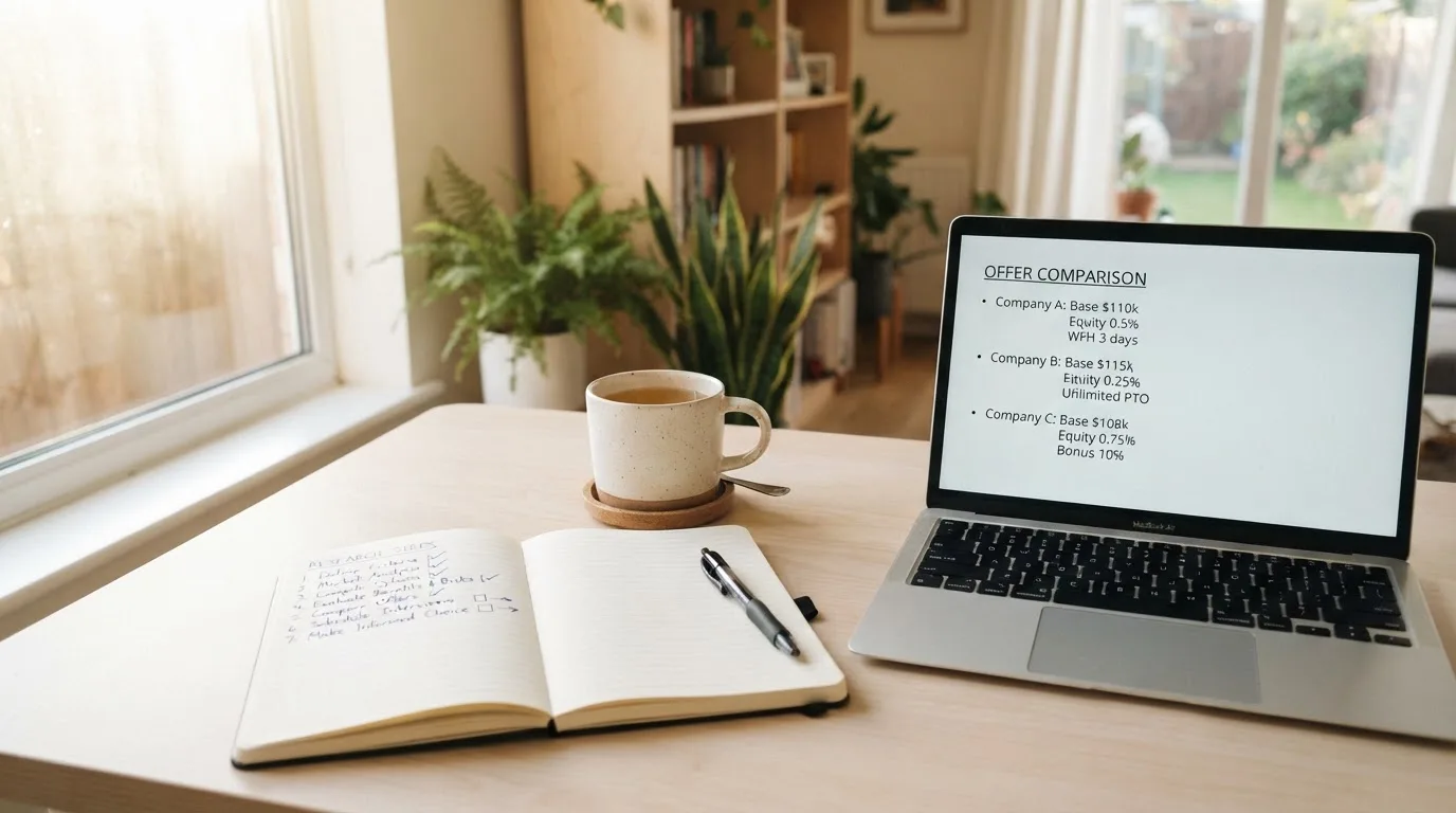 A tidy desk with a notebook, a mug of tea and a laptop open to a checklist, morning light through a window.