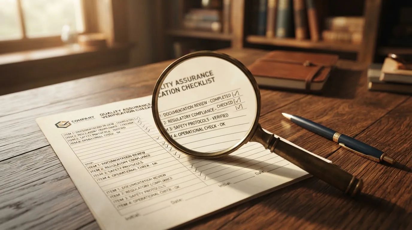 A magnifying glass rests over a printed regulatory certificate on a wooden desk.