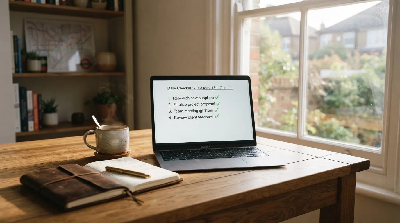 A tidy desk with a notebook, a mug of tea and a laptop open to a checklist, morning light through a window.