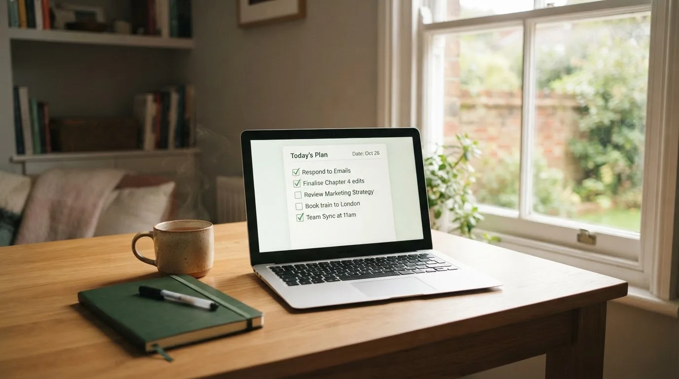 A tidy desk with a notebook, a mug of tea and a laptop open to a checklist, morning light through a window.