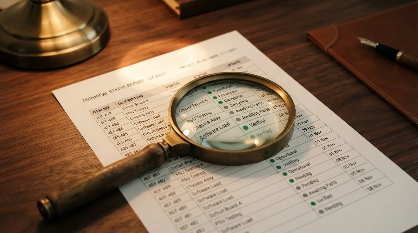 A magnifying glass rests over a printed regulatory certificate on a wooden desk.