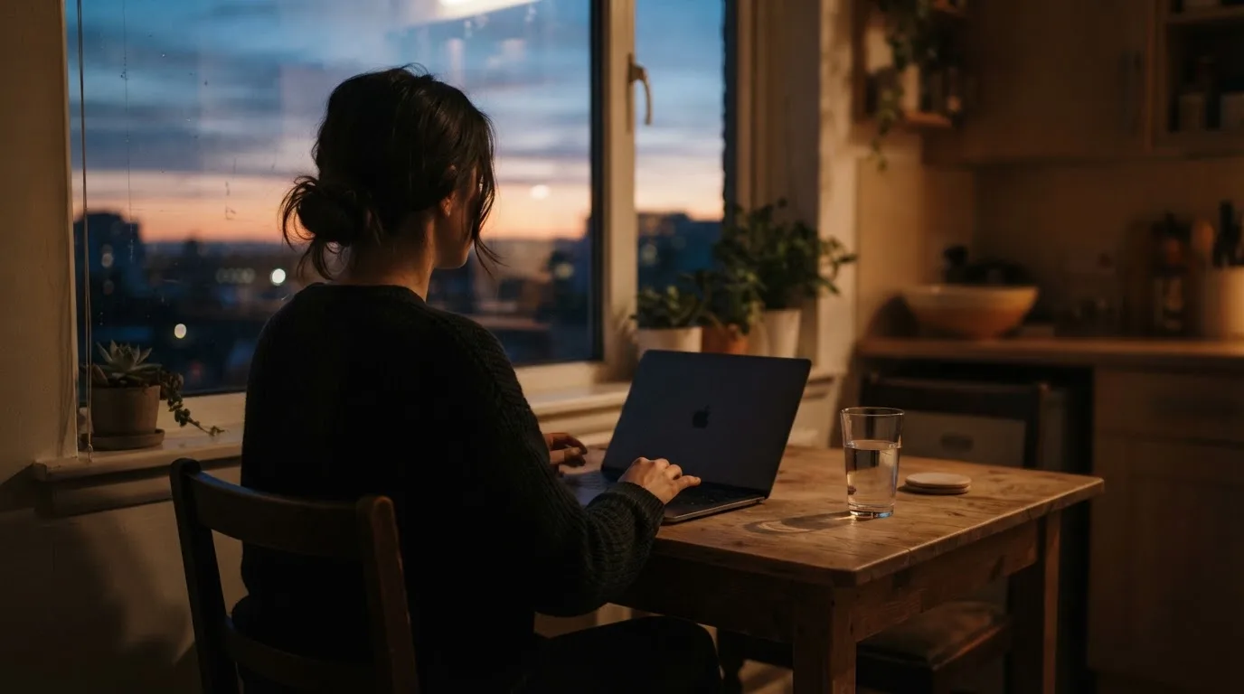A person closes a laptop and looks out of a window at dusk, a glass of water on the table beside them.
