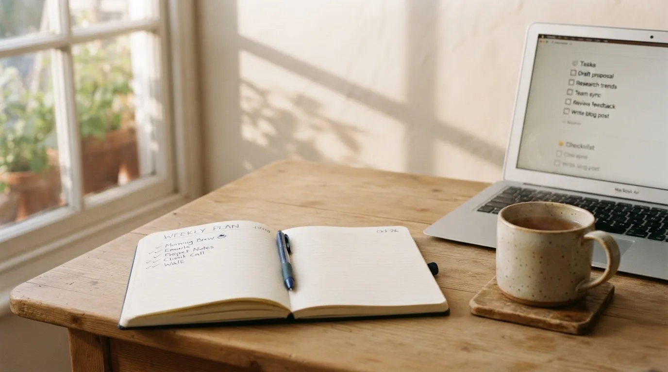 A tidy desk with a notebook, a mug of tea and a laptop open to a checklist, morning light through a window.