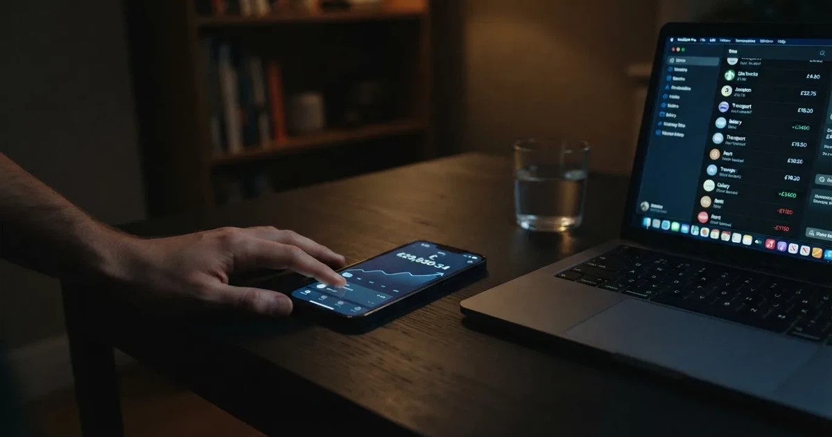 A smartphone displays a digital wallet balance next to a laptop showing scrolling transaction data in a dim room.