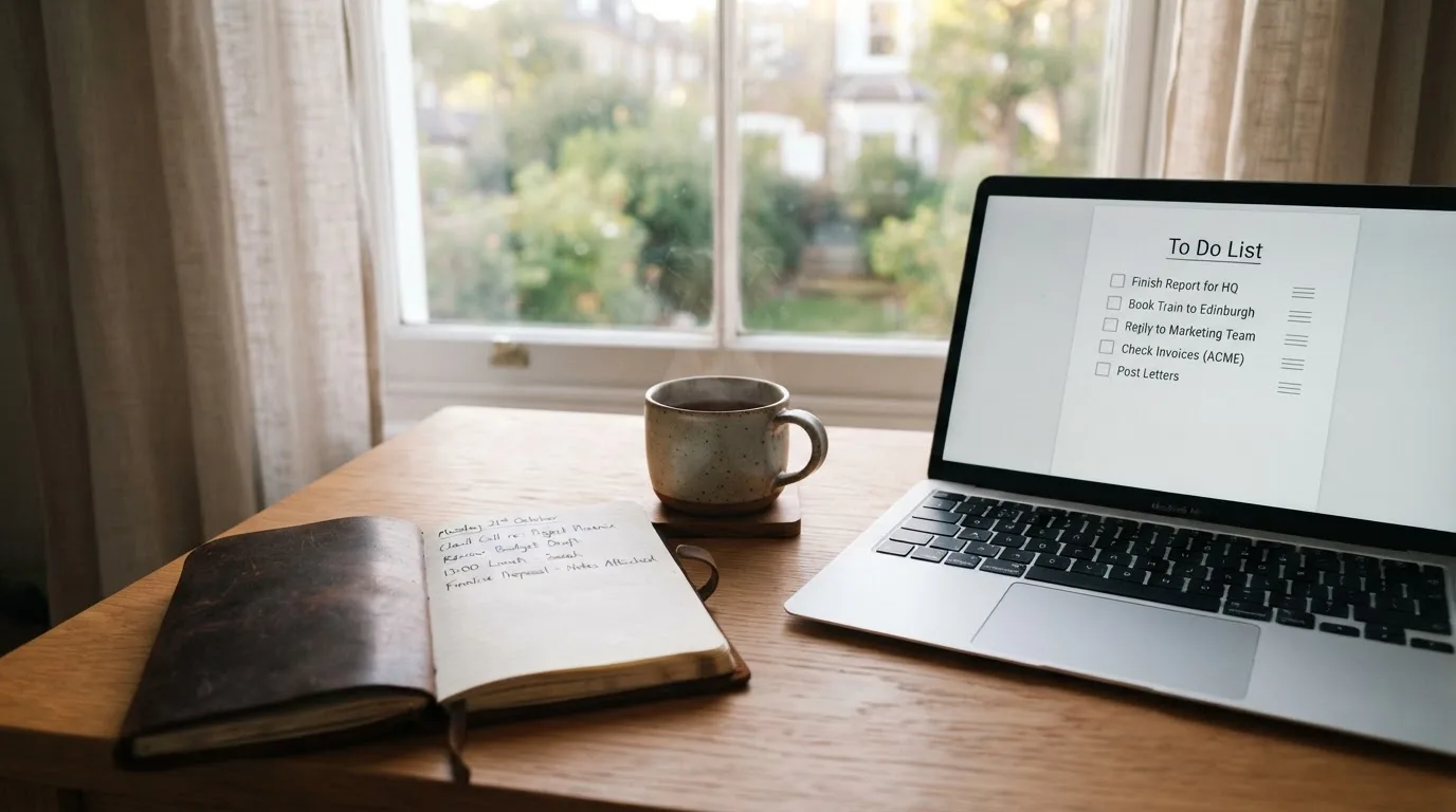 A tidy desk with a notebook, a mug of tea and a laptop open to a checklist, morning light through a window.