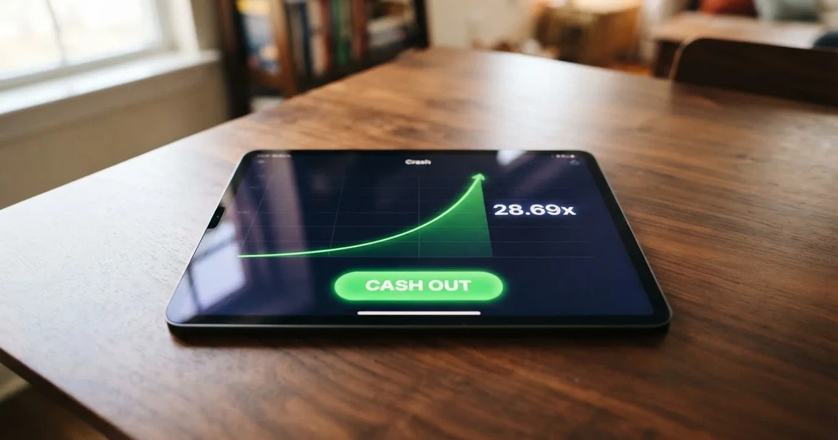 A tablet screen shows a rising flight-path line graph mid-round beside a cash-out button.