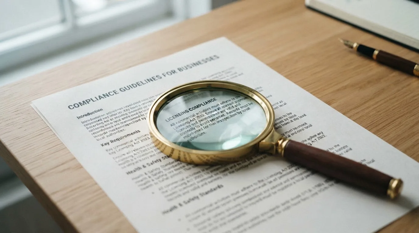 A magnifying glass rests over a printed regulatory certificate on a wooden desk.
