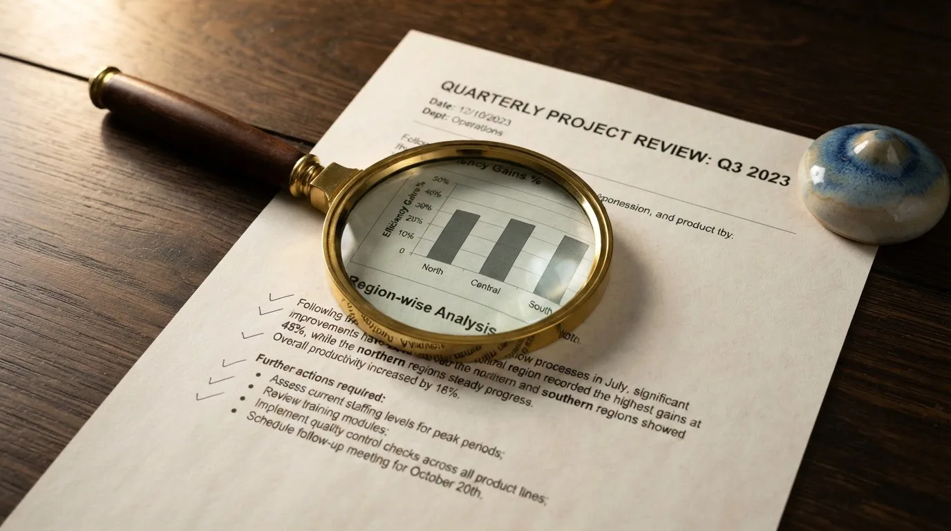 A magnifying glass rests over a printed regulatory certificate on a wooden desk.