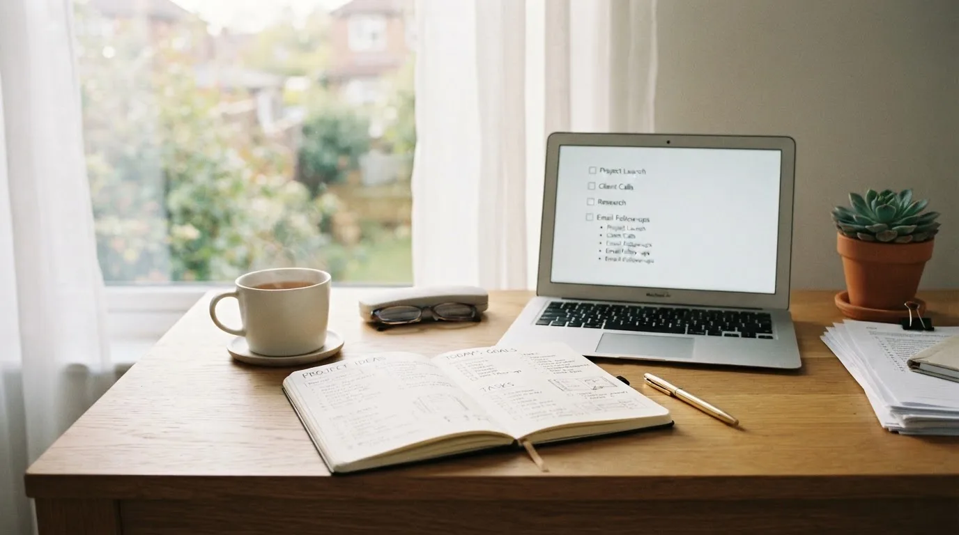 A tidy desk with a notebook, a mug of tea and a laptop open to a checklist, morning light through a window.