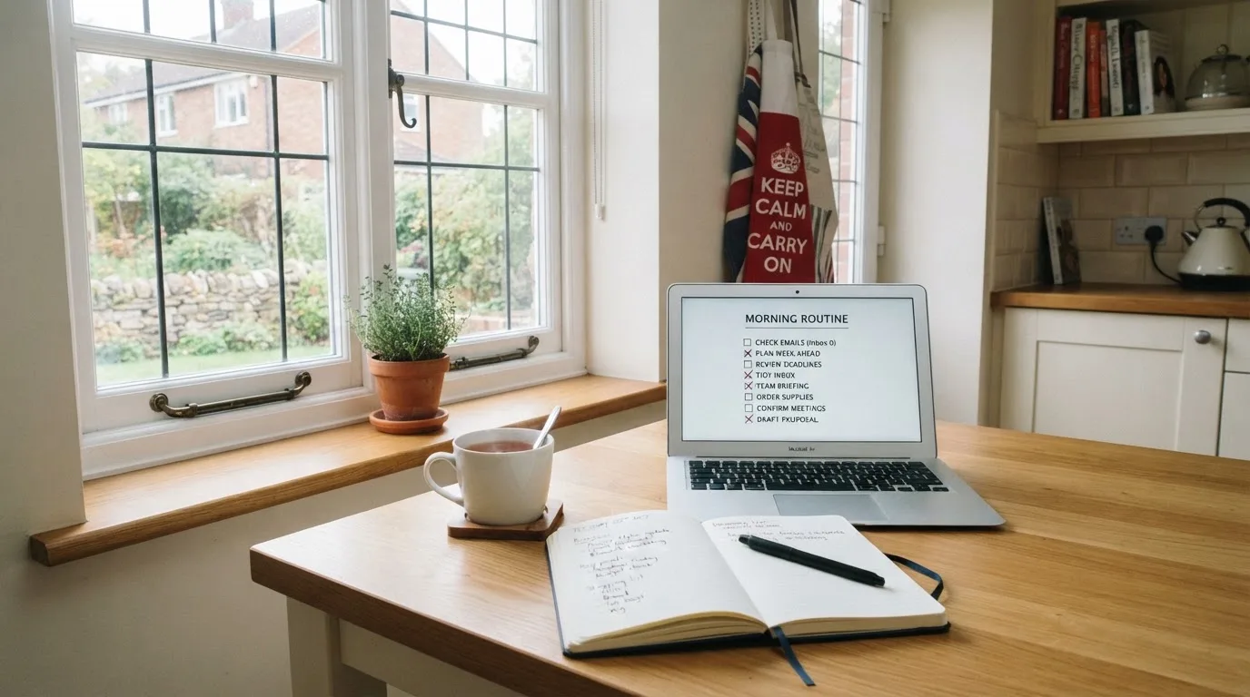 A tidy desk with a notebook, a mug of tea and a laptop open to a checklist, morning light through a window.