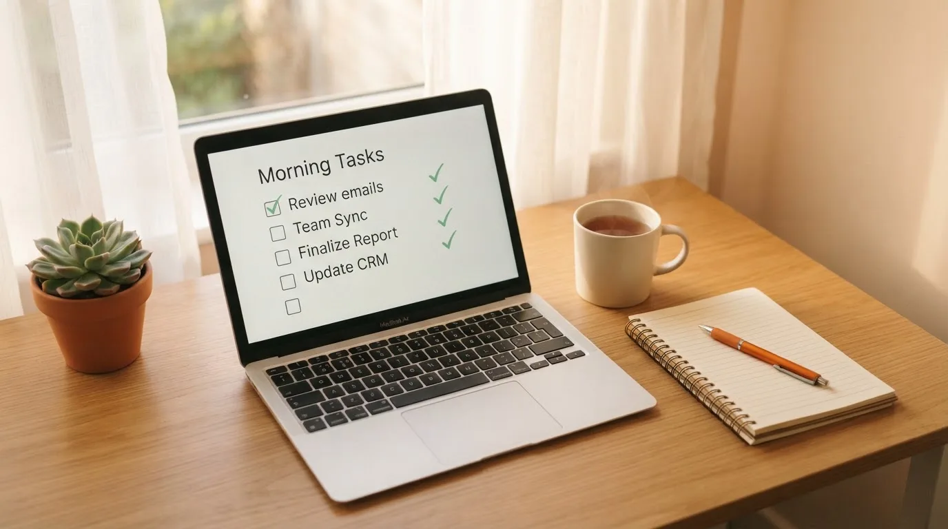 A tidy desk with a notebook, a mug of tea and a laptop open to a checklist, morning light through a window.