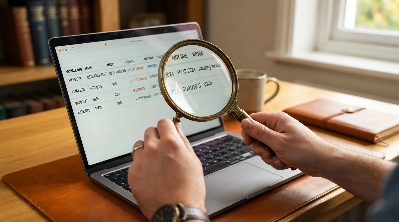 A magnifying glass rests over a printed regulatory certificate on a wooden desk.