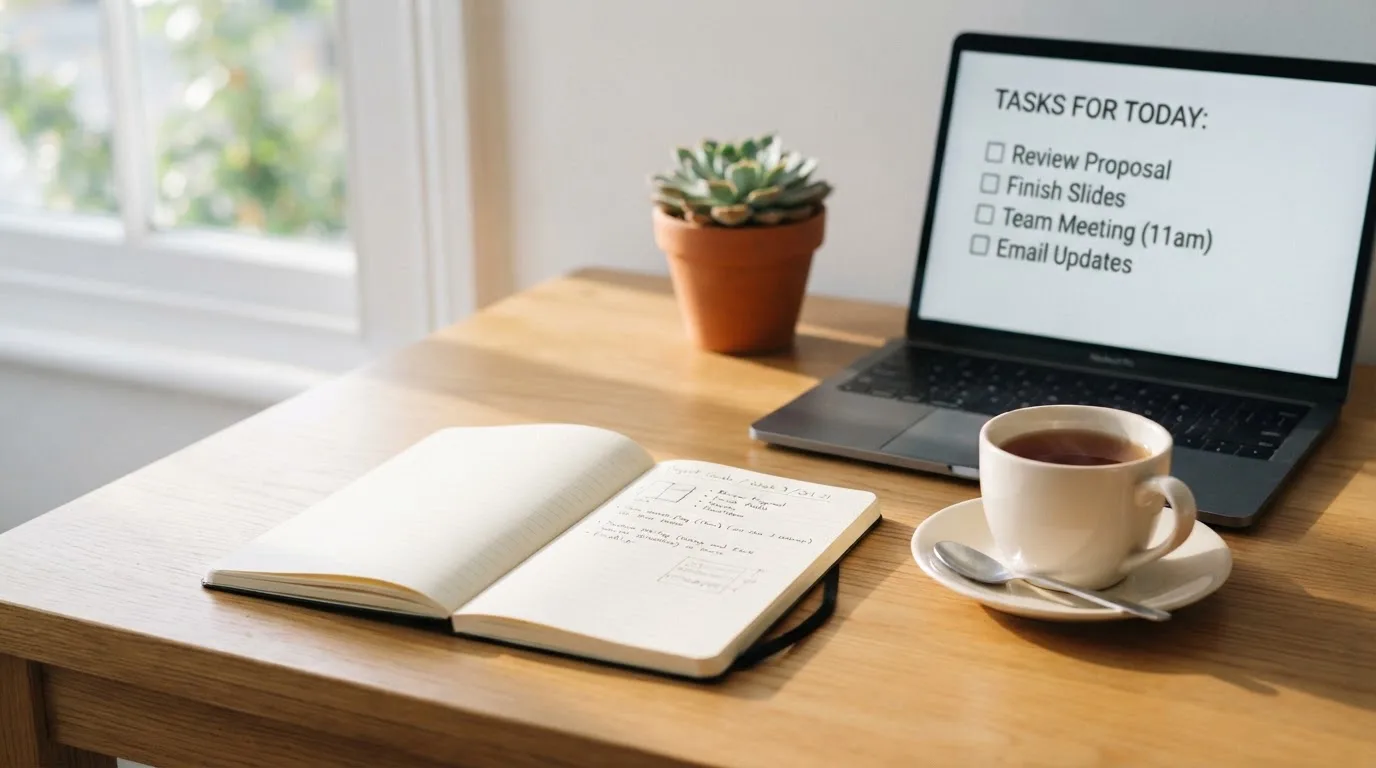 A tidy desk with a notebook, a mug of tea and a laptop open to a checklist, morning light through a window.