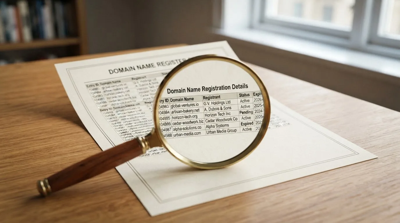 A magnifying glass rests over a printed regulatory certificate on a wooden desk.