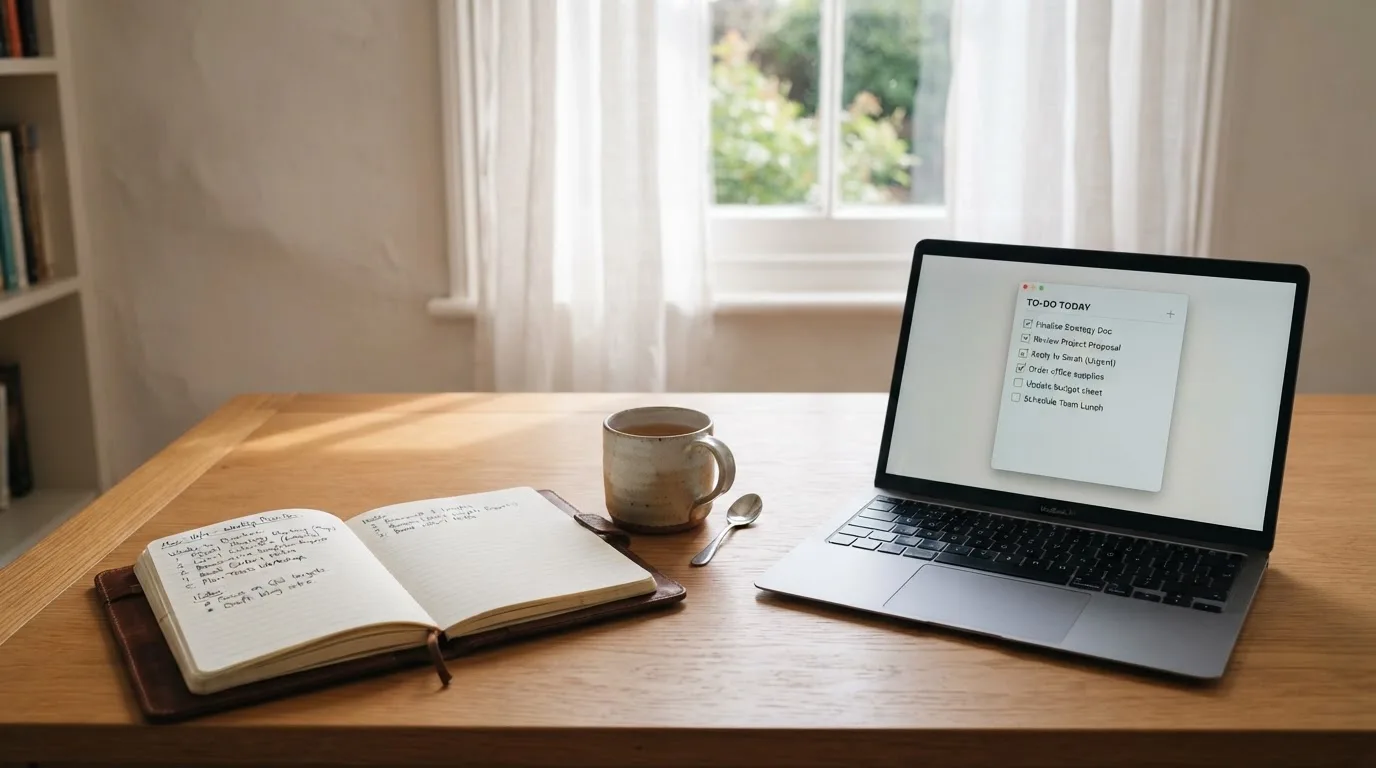 A tidy desk with a notebook, a mug of tea and a laptop open to a checklist, morning light through a window.