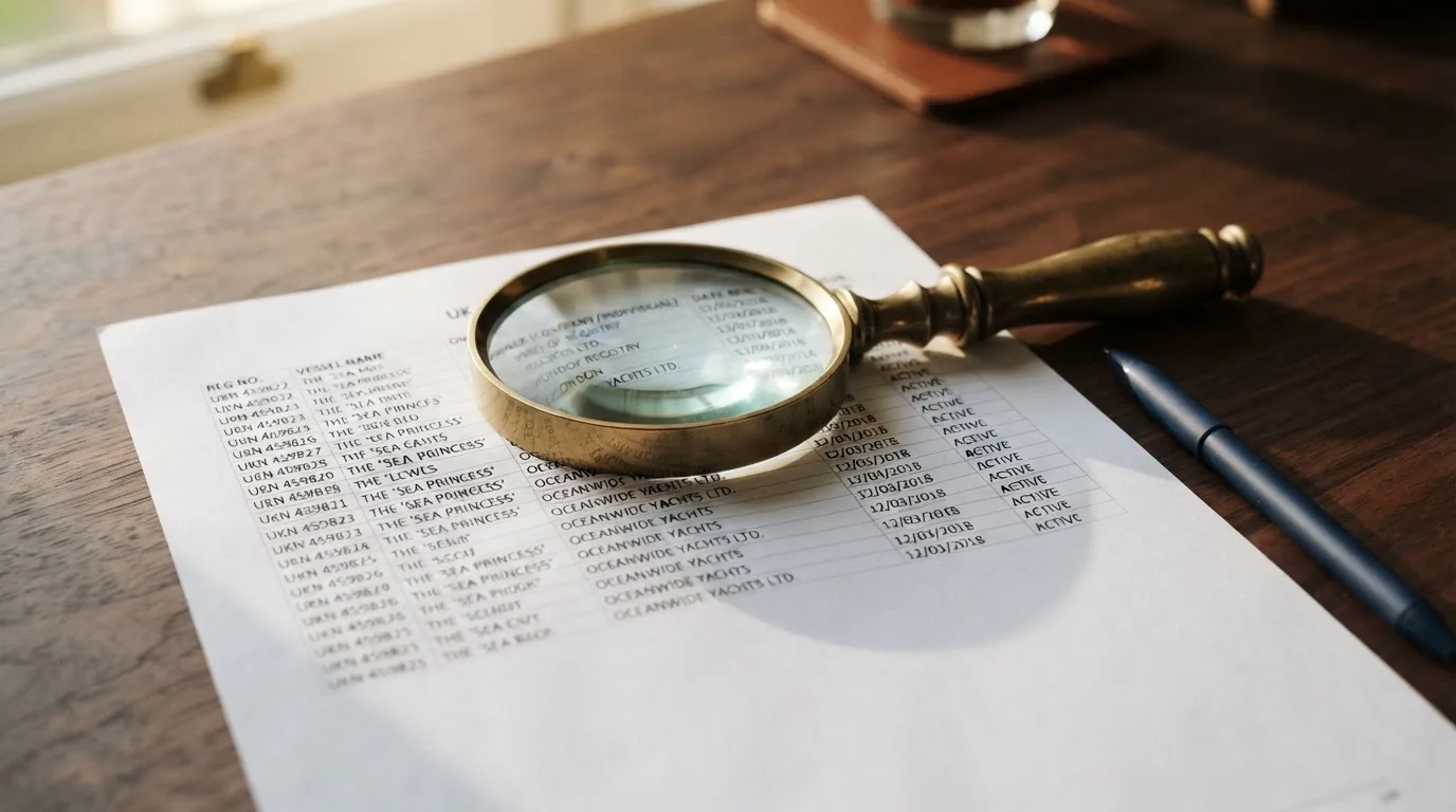 A magnifying glass rests over a printed regulatory certificate on a wooden desk.