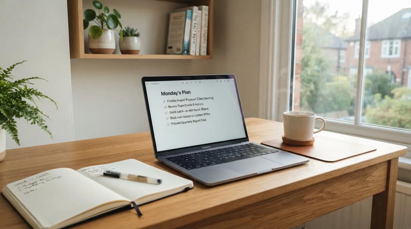 A tidy desk with a notebook, a mug of tea and a laptop open to a checklist, morning light through a window.