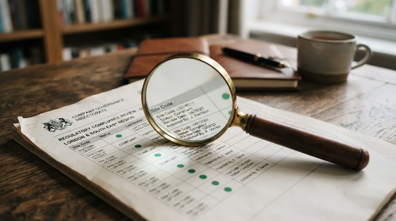 A magnifying glass rests over a printed regulatory certificate on a wooden desk.