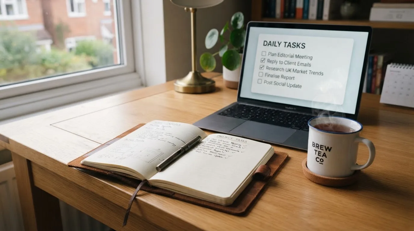 A tidy desk with a notebook, a mug of tea and a laptop open to a checklist, morning light through a window.
