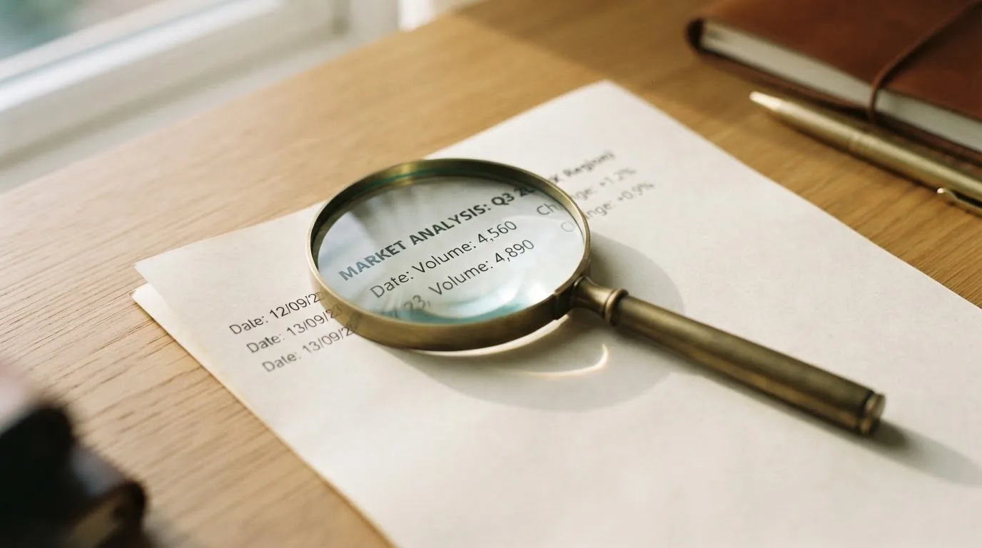 A magnifying glass rests over a printed regulatory certificate on a wooden desk.
