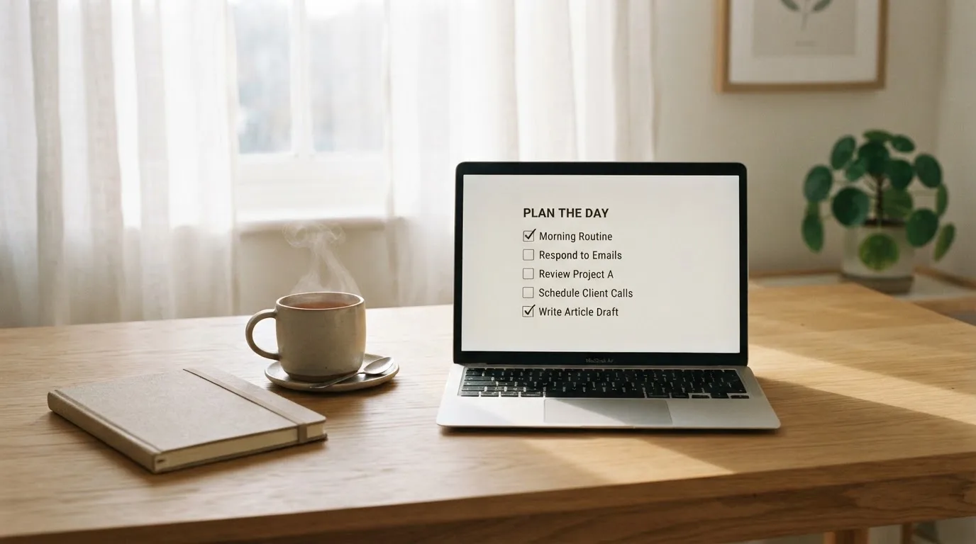 A tidy desk with a notebook, a mug of tea and a laptop open to a checklist, morning light through a window.