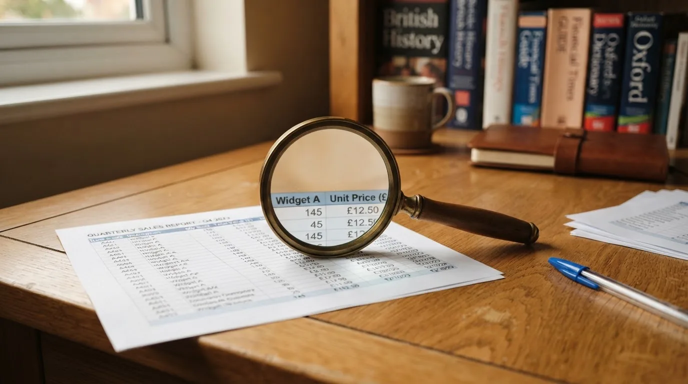 A magnifying glass rests over a printed regulatory certificate on a wooden desk.
