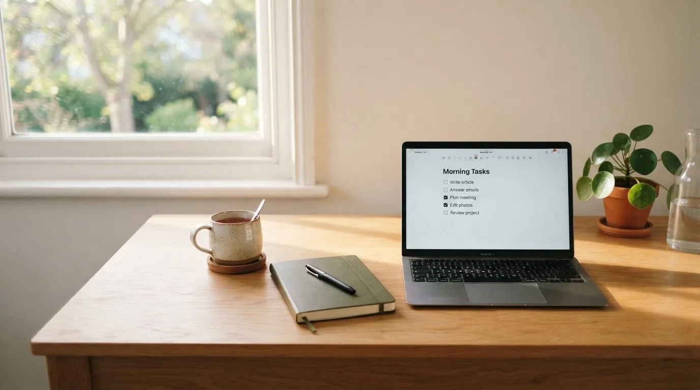 A tidy desk with a notebook, a mug of tea and a laptop open to a checklist, morning light through a window.