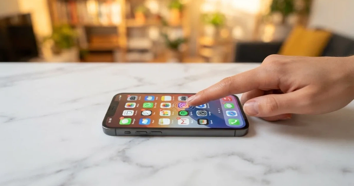 A close-up of a finger tapping a smartphone screen showing rows of app icons.