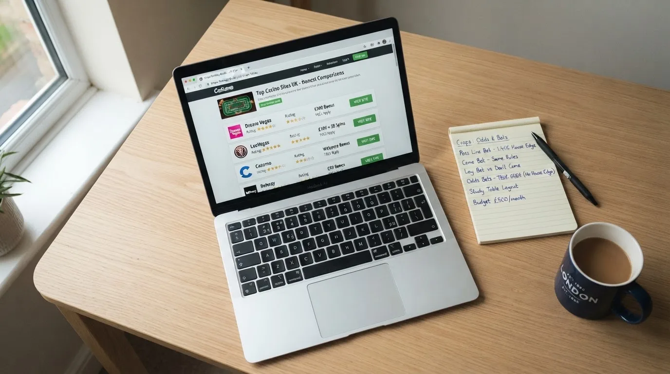 A laptop on a home desk showing a UK online casino comparison page open beside a notepad, with a craps table layout diagram on a laptop visible in a browser tab list