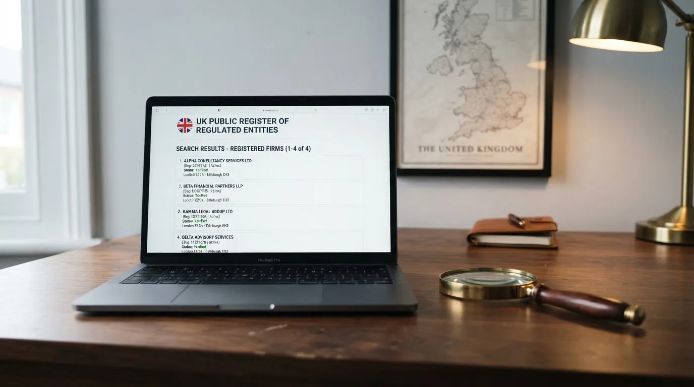A magnifying glass held over a printed gambling licence certificate on a desk, with a UK map faintly visible in the background