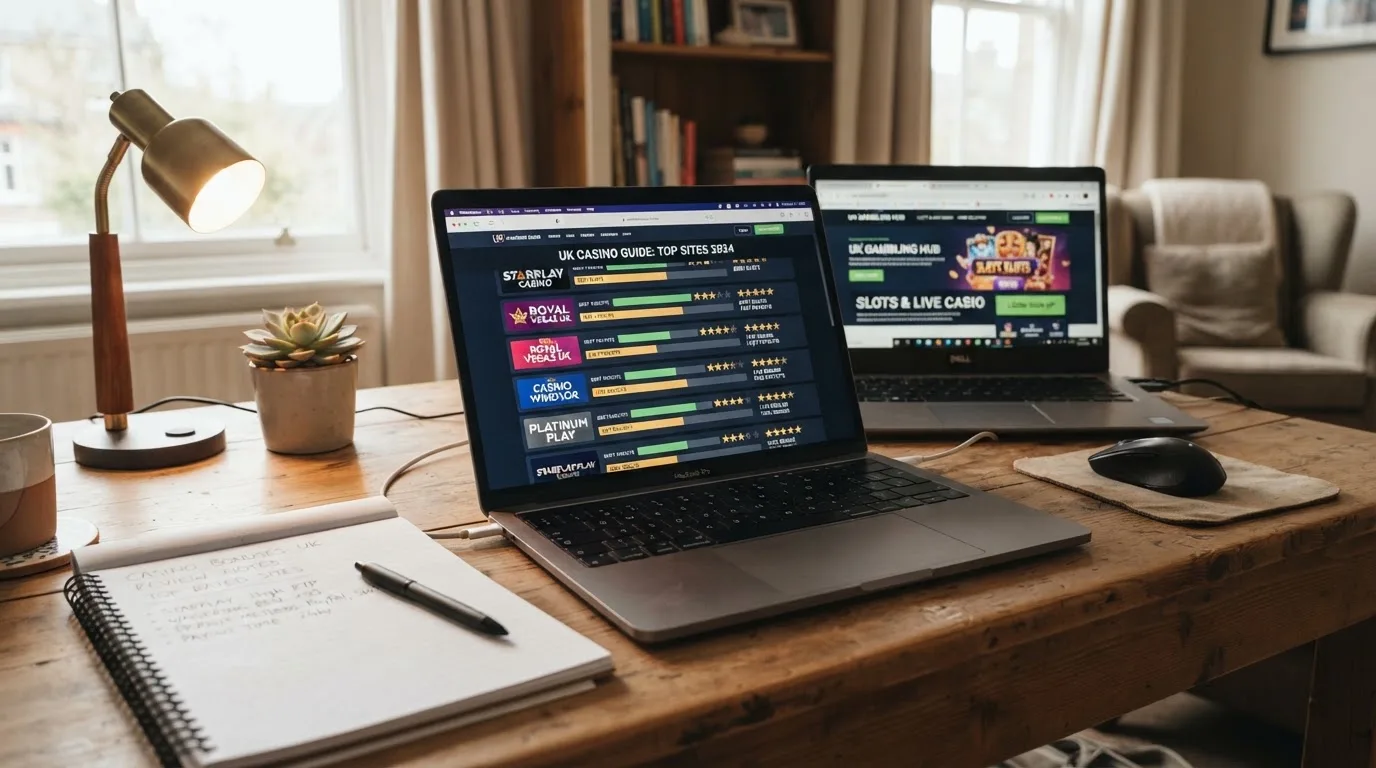 A laptop on a home desk showing a UK online casino comparison page open beside a notepad, with a laptop showing a foreign-registered website's homepage visible in a browser tab list