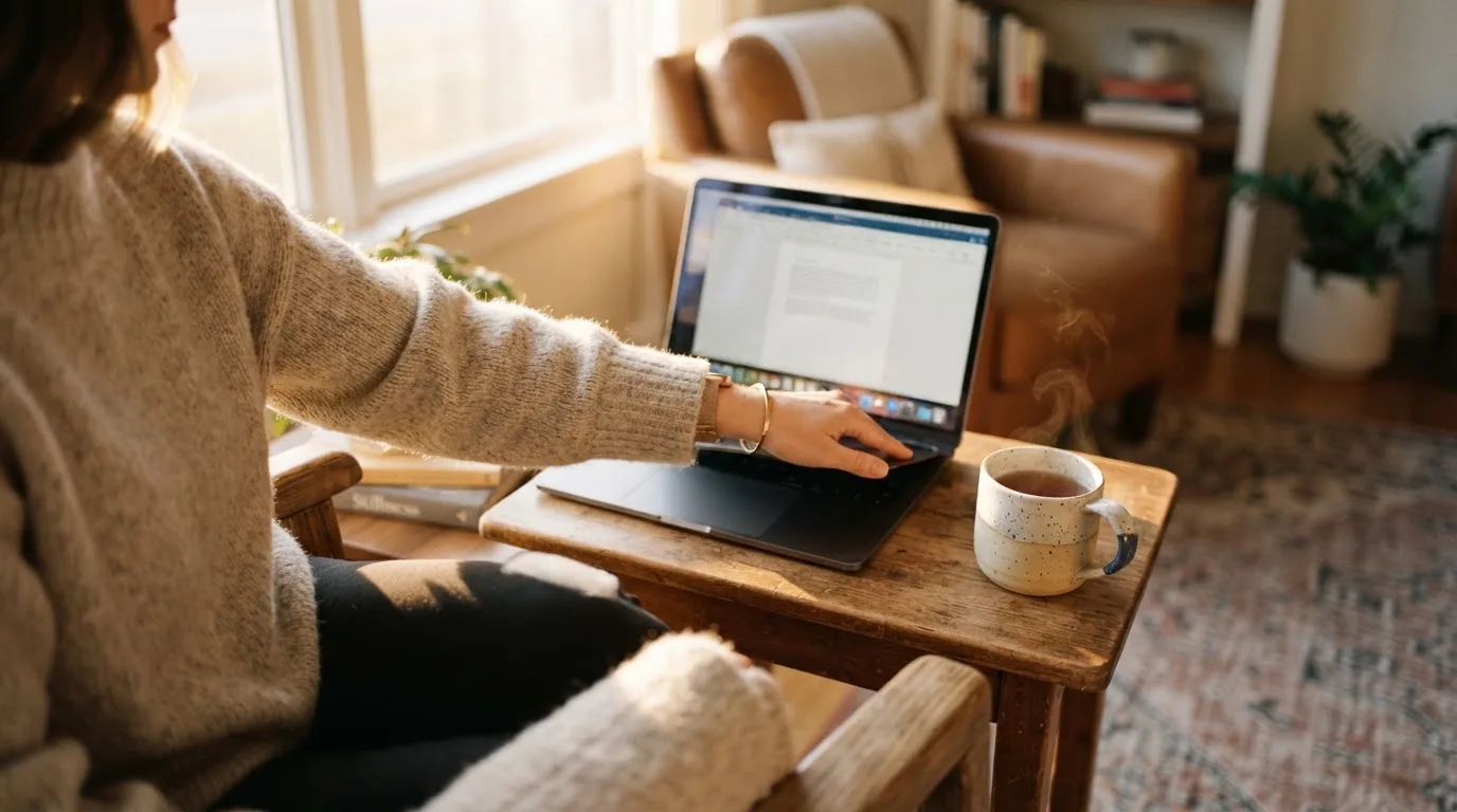 A person closing a laptop beside a cup of tea