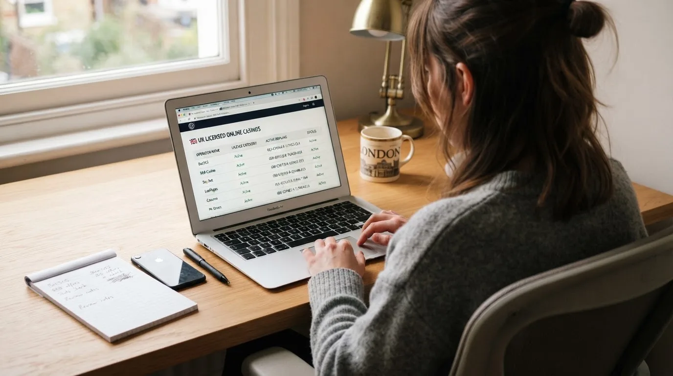 A laptop on a home desk showing a UK online casino comparison page open beside a notepad, with a laptop showing an international casino homepage in a browser visible in a browser tab list