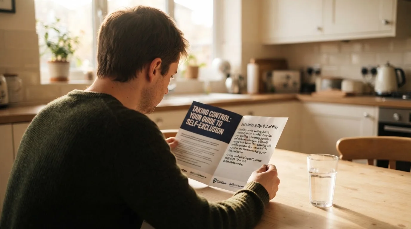 A person reading a self-exclusion leaflet at a kitchen table