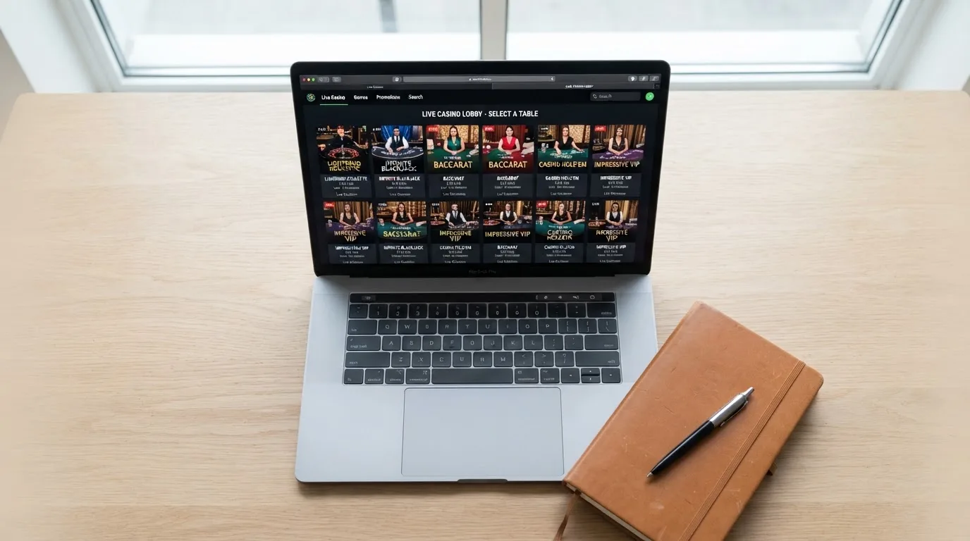 A laptop on a home desk showing a UK online casino comparison page open beside a notepad, with a laptop showing a live casino lobby with several table thumbnails visible in a browser tab list