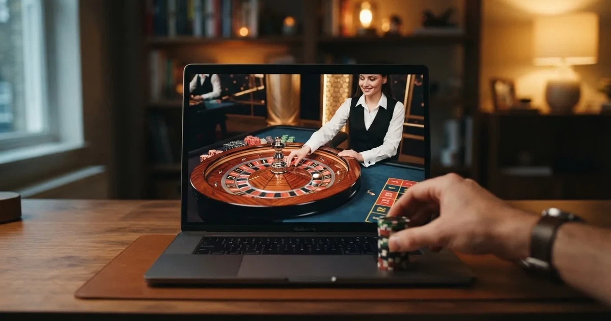 A live dealer roulette wheel streamed to a laptop screen