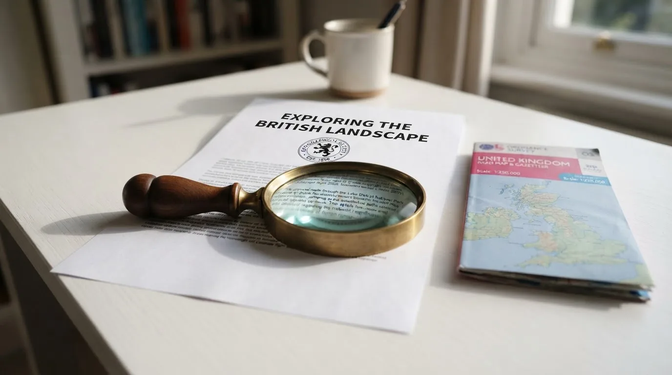 A magnifying glass held over a printed gambling licence certificate on a desk, with a UK map faintly visible in the background