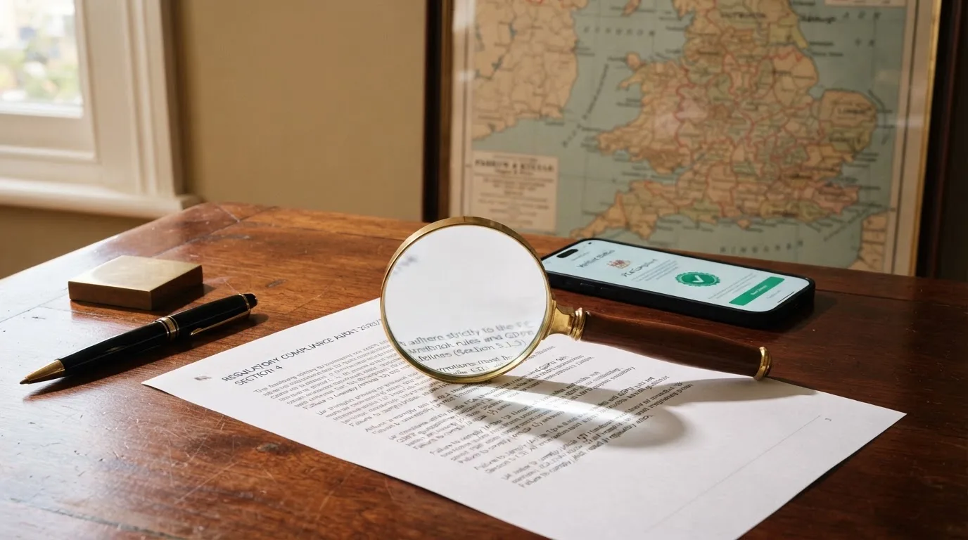 A magnifying glass held over a printed gambling licence certificate on a desk, with a UK map faintly visible in the background