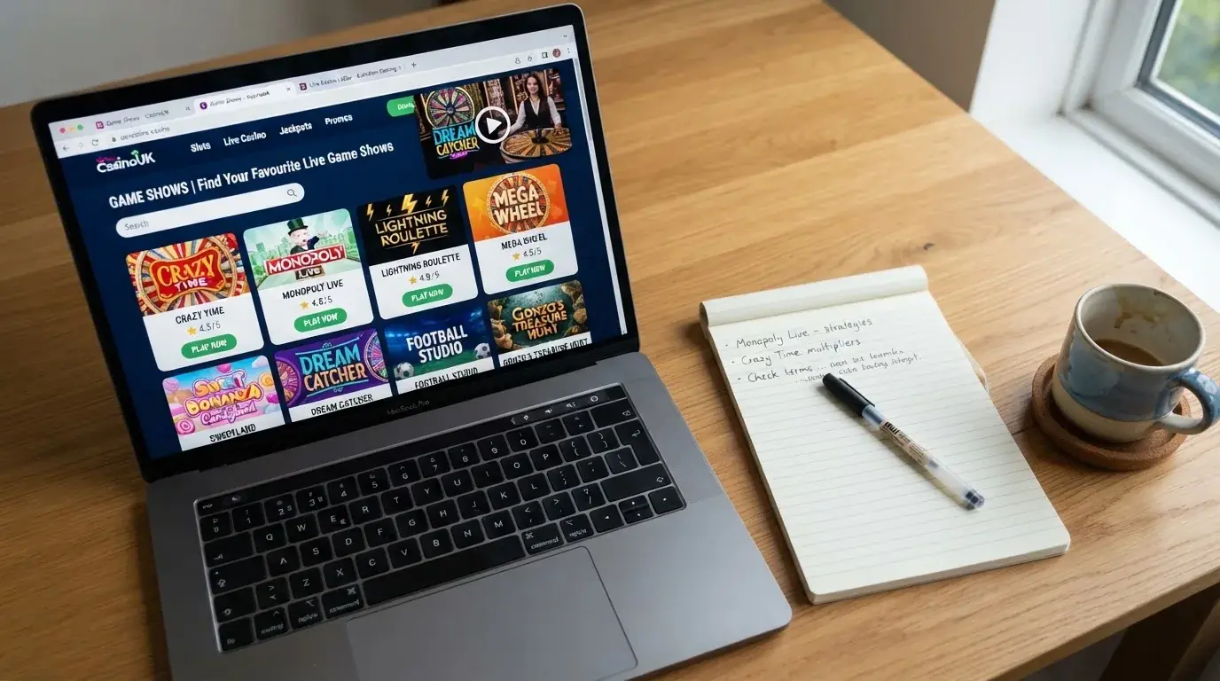A laptop on a home desk showing a UK online casino comparison page open beside a notepad, with a laptop showing a live casino game show lobby page visible in a browser tab list