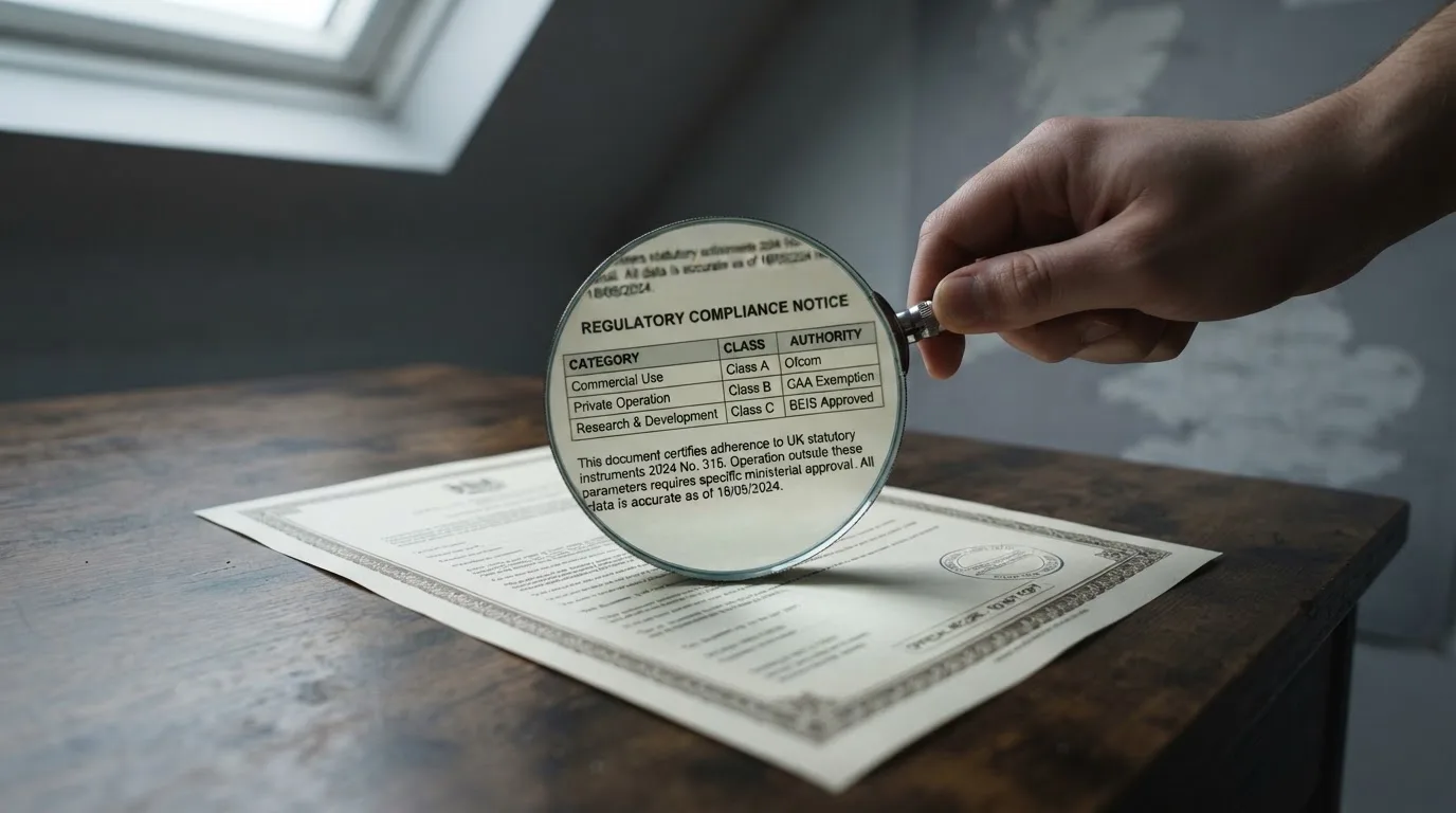 A magnifying glass held over a printed gambling licence certificate on a desk, with a UK map faintly visible in the background