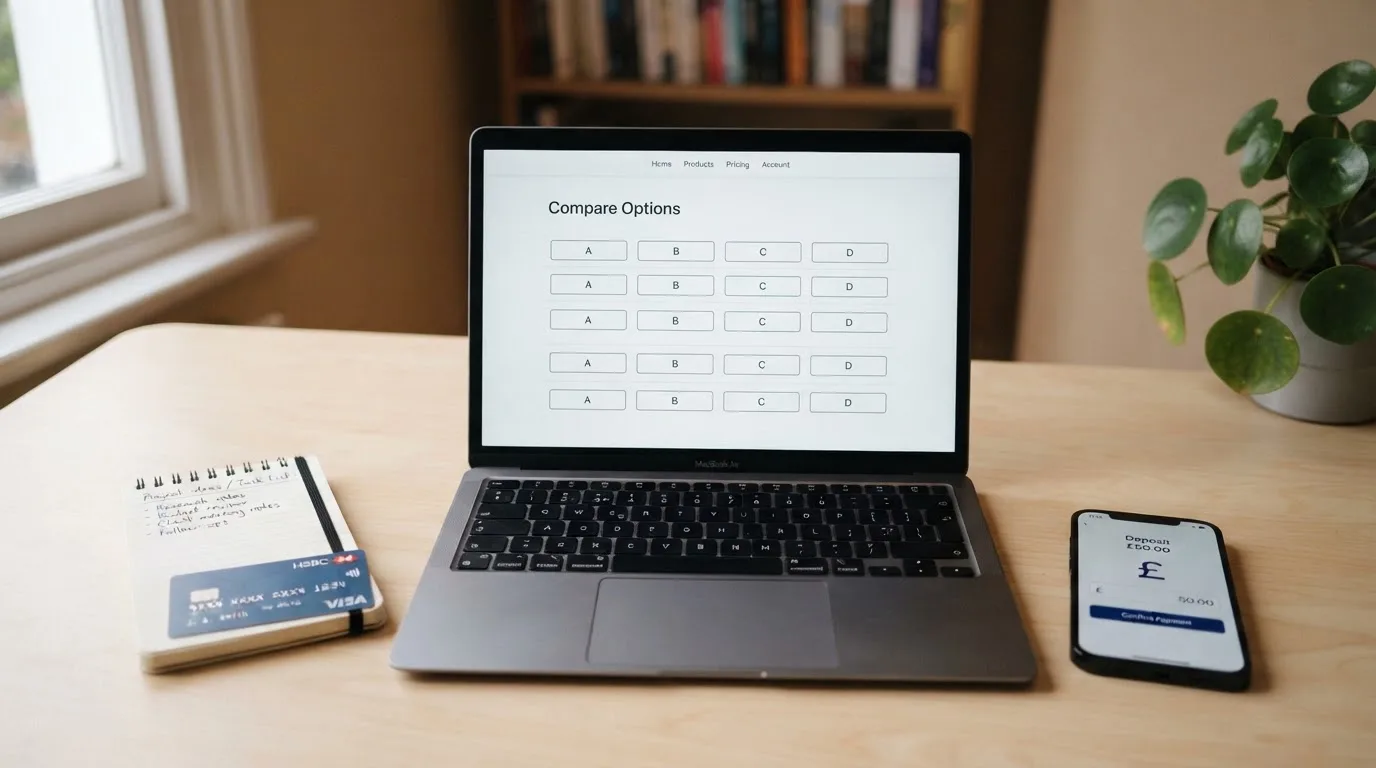 A laptop on a home desk showing a UK online casino comparison page open beside a notepad, with a desk with a debit card, a phone and a laptop showing a deposit form visible in a browser tab list