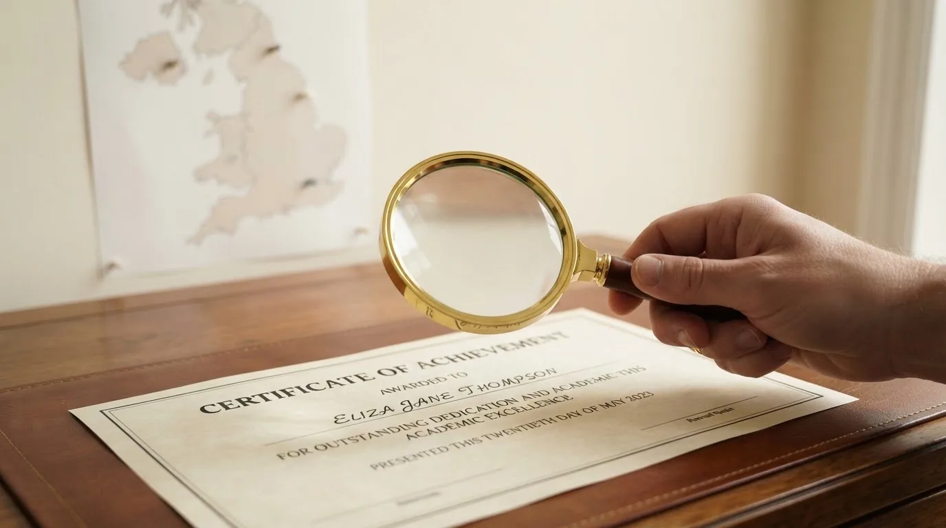 A magnifying glass held over a printed gambling licence certificate on a desk, with a UK map faintly visible in the background