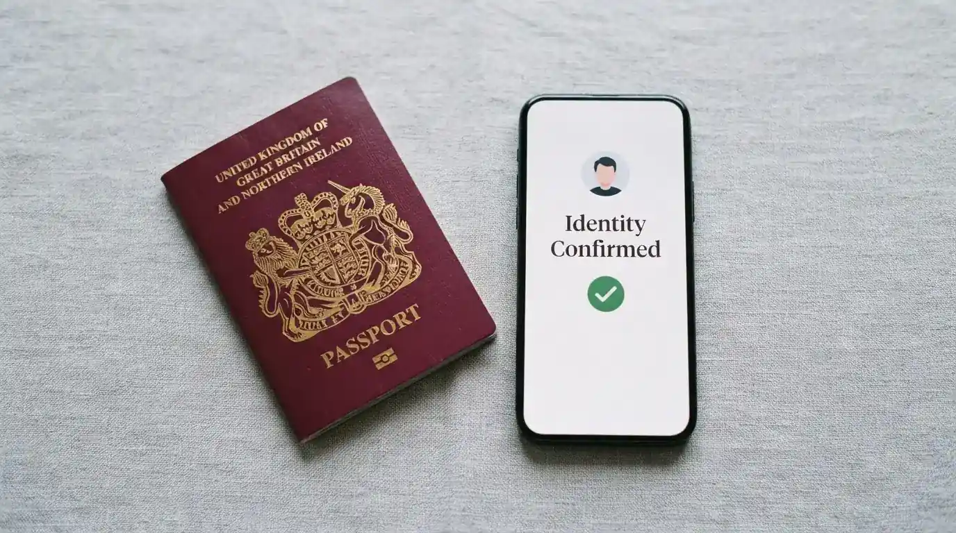 A UK passport and a smartphone showing an identity-verification screen on a table.
