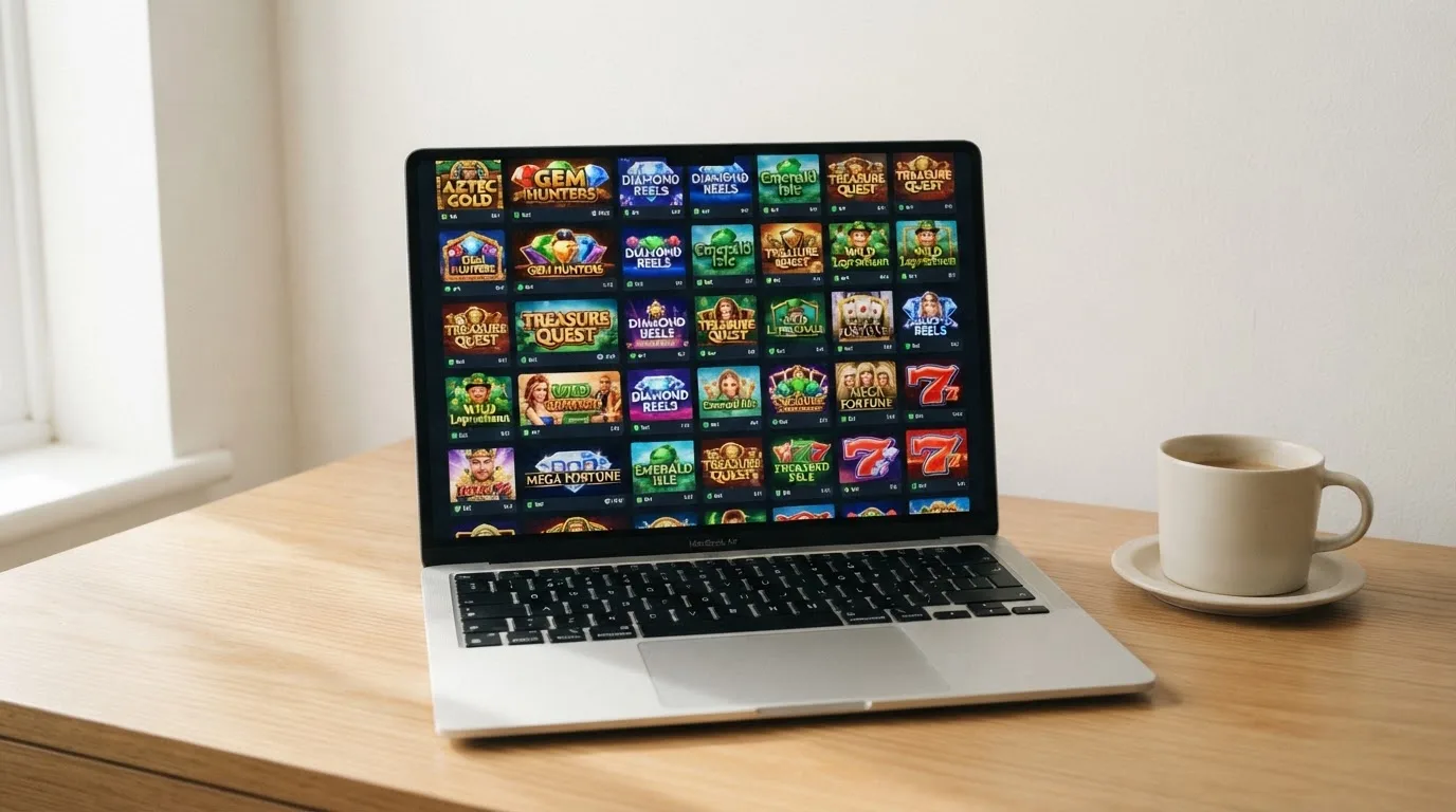 A laptop on a desk displaying a grid of slot game thumbnails in a casino lobby.