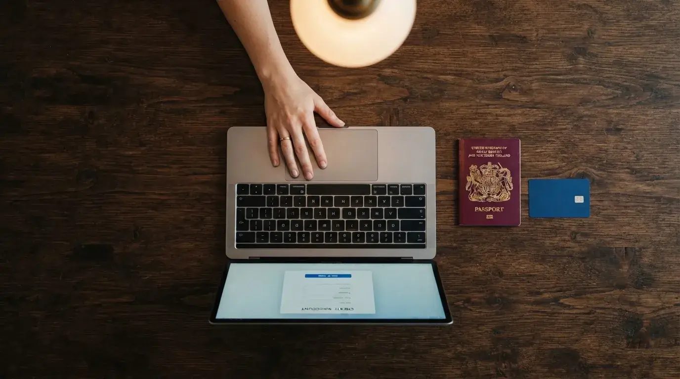 A UK passport and a bank card resting beside a laptop showing an account sign-up screen.