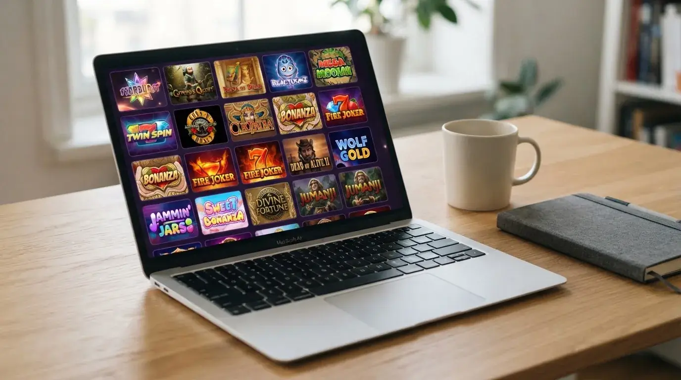 A laptop on a desk displaying a grid of slot game thumbnails in a casino lobby.